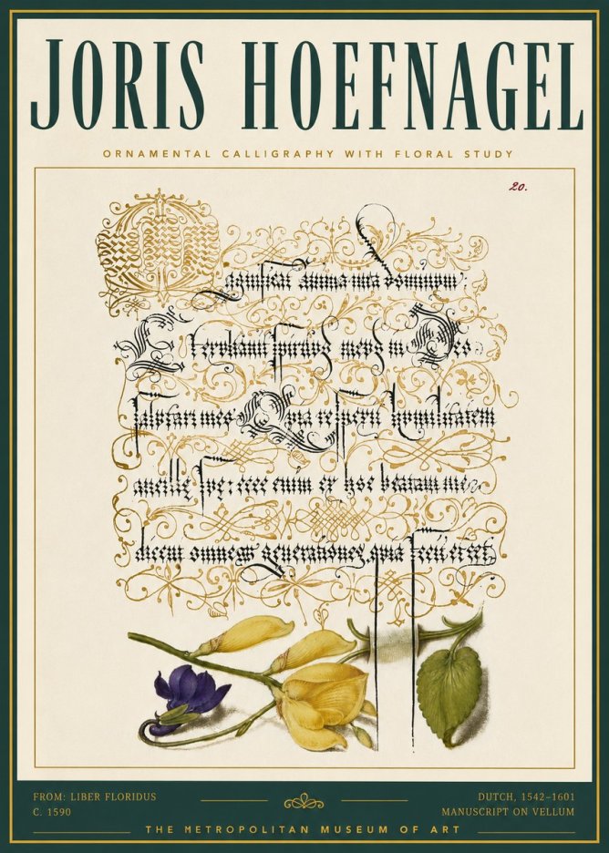 Joris Hoefnagel Ornamental Calligraphy with Floral Study No5 - Plakat