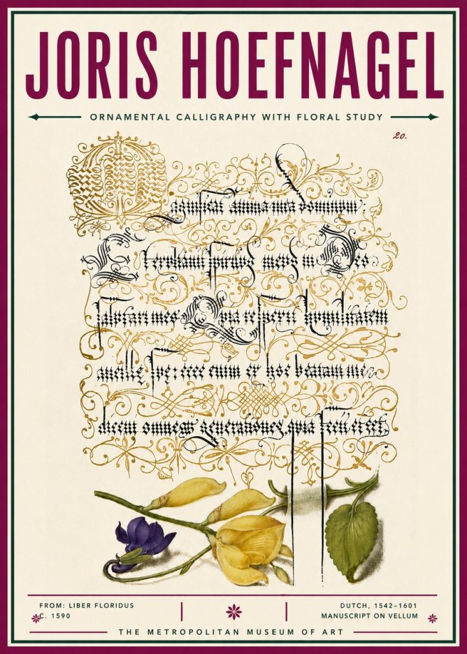 Joris Hoefnagel Ornamental Calligraphy with Floral Study No6 - Plakat