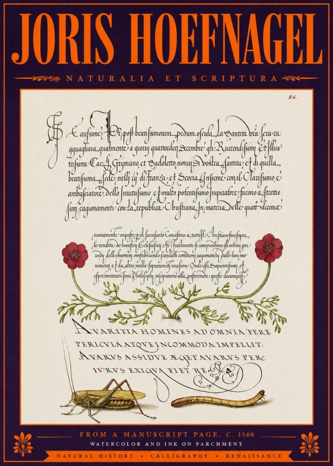 Joris Hoefnagel Illuminated Page with Flowers, Insects & Latin Script No6 - Plakat
