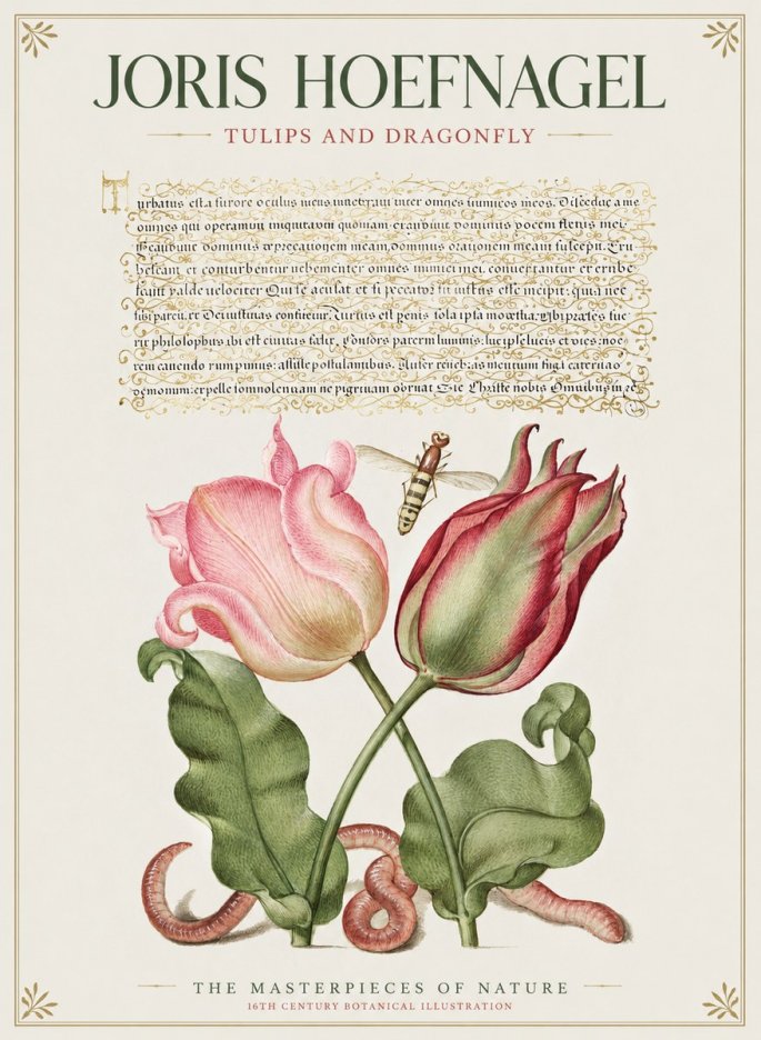 Joris Hoefnagel Two Tulips with Caterpillars and Dragonfly No2 - Plakat