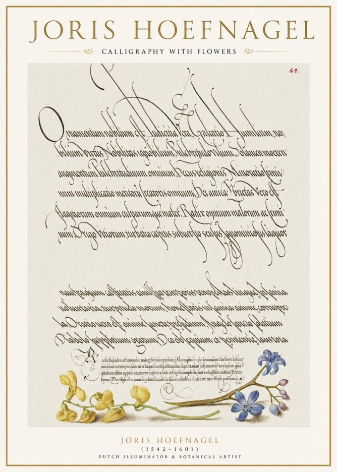 Joris Hoefnagel Calligraphy with Flowers No1 - Plakat