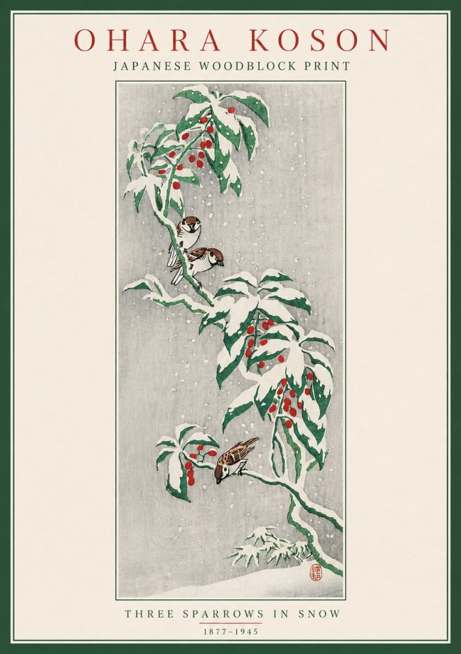 Ohara Koson Three Sparrows in Snow No5 - Plakat