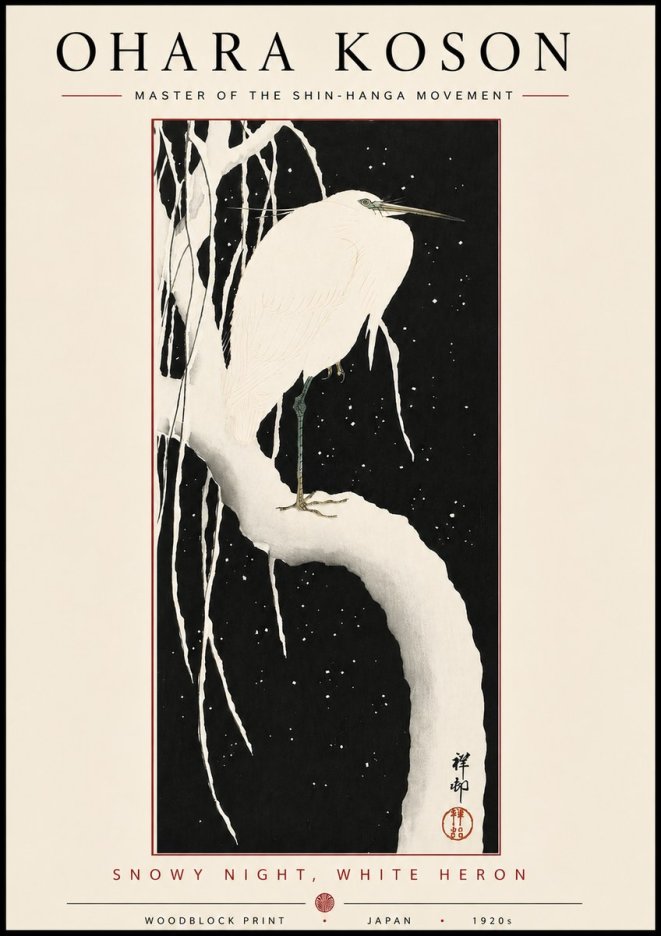 Ohara Koson Snowy Night, White Heron No5 - Plakat