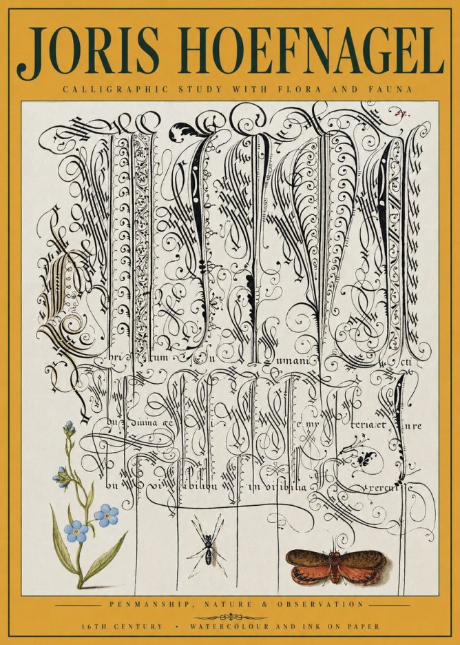 Joris Hoefnagel Calligraphic Study with Flora and Fauna No3 - Plakat