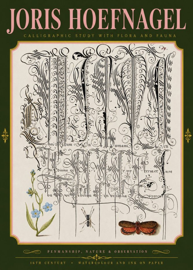 Joris Hoefnagel Calligraphic Study with Flora and Fauna No4 - Plakat