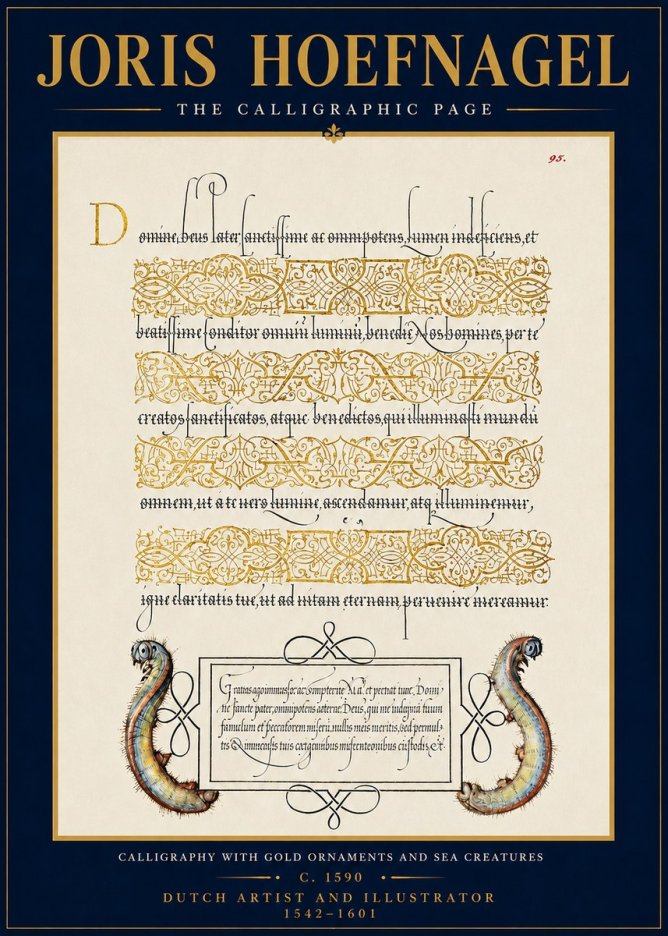 Joris Hoefnagel Calligraphic Page with Gold Ornaments and Sea Creatures No4 - Plakat