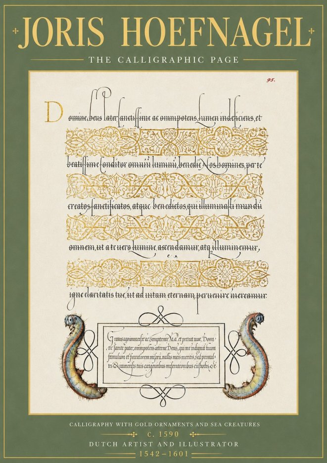 Joris Hoefnagel Calligraphic Page with Gold Ornaments and Sea Creatures No5 - Plakat