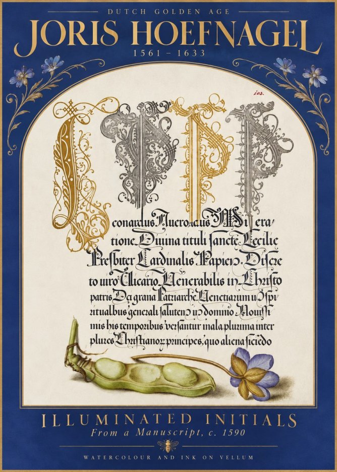 Joris Hoefnagel Illuminated Initials with Peapod and Flower No5 - Plakat