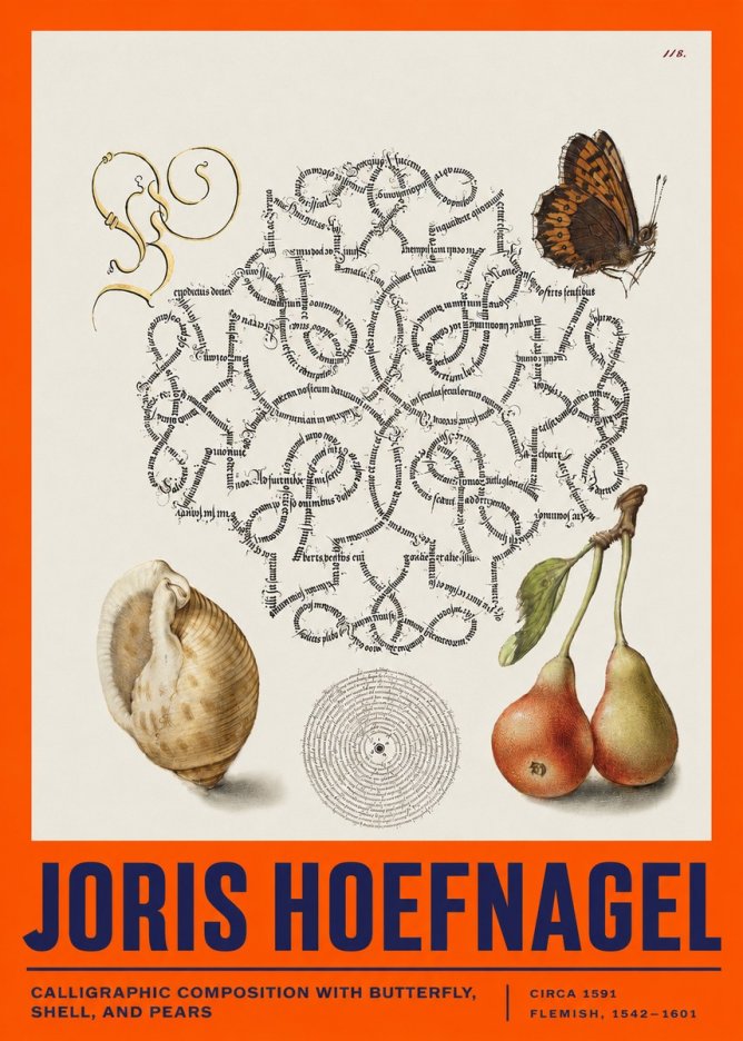 Joris Hoefnagel Calligraphic Composition with Butterfly, Shell, and Pears No2 - Plakat