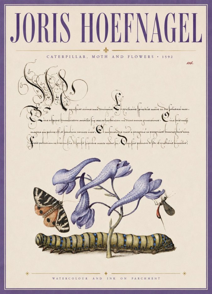 Joris Hoefnagel Caterpillar, Moth and Flowers No3 - Plakat