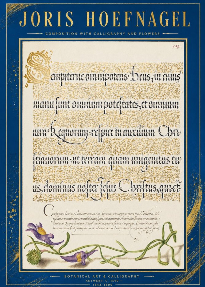Joris Hoefnagel Composition with Calligraphy and Flowers No2 - Plakat