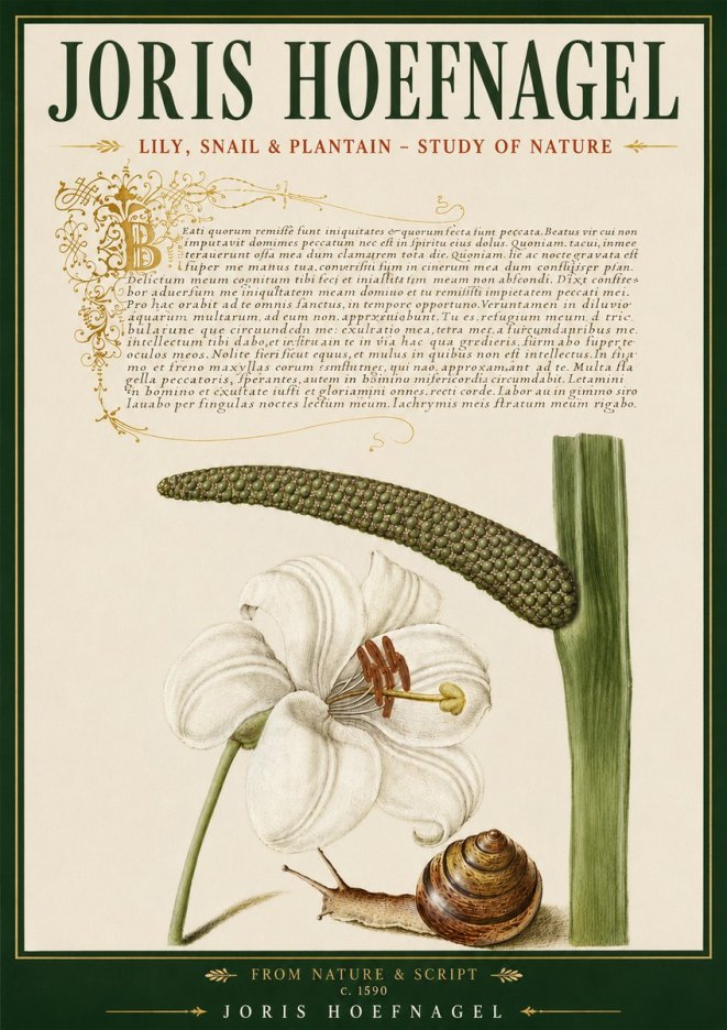 Joris Hoefnagel Lily, Snail & Plantain - Study of Nature No5 - Plakat
