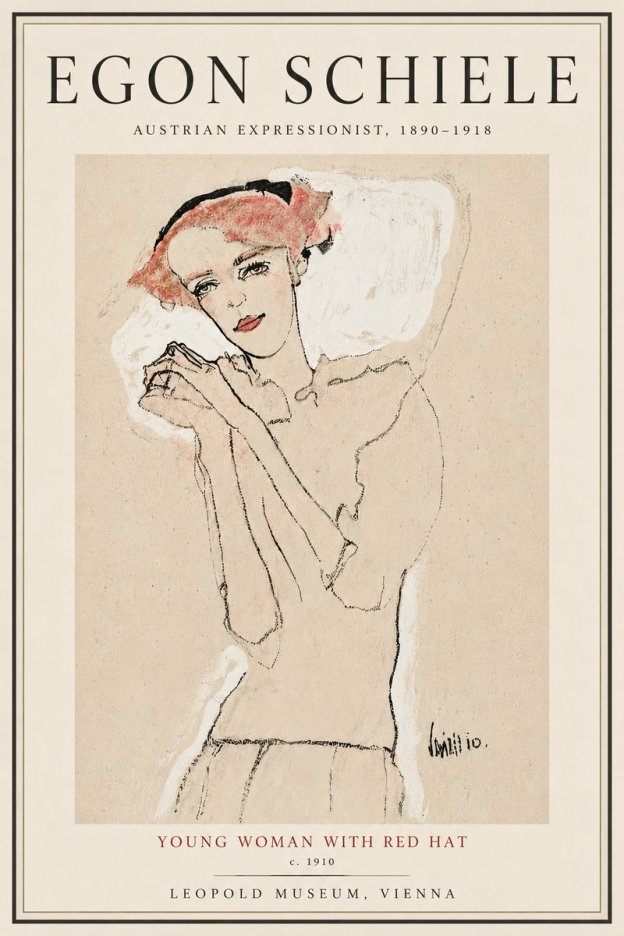 Schiele Young Woman with Red Hat No5 - Plakat