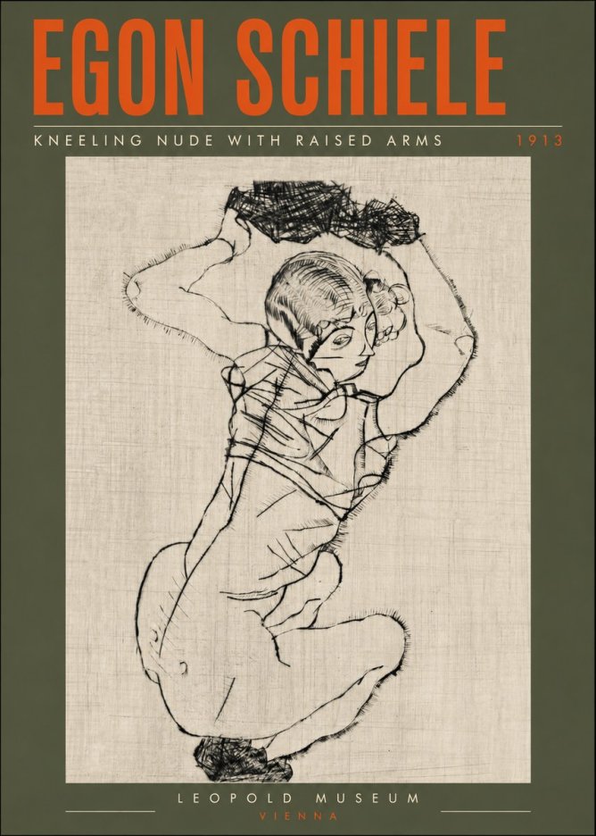 Schiele Kneeling Nude with Raised Arms No6 - Plakat