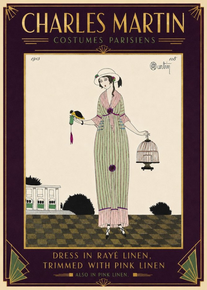 Charles Martin Dress in Rayé Linen, Trimmed with Pink Linen No5 - Plakat