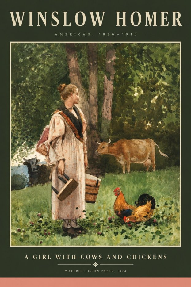 Winslow Homer A Girl with Cows and Chickens No5 - Plakat
