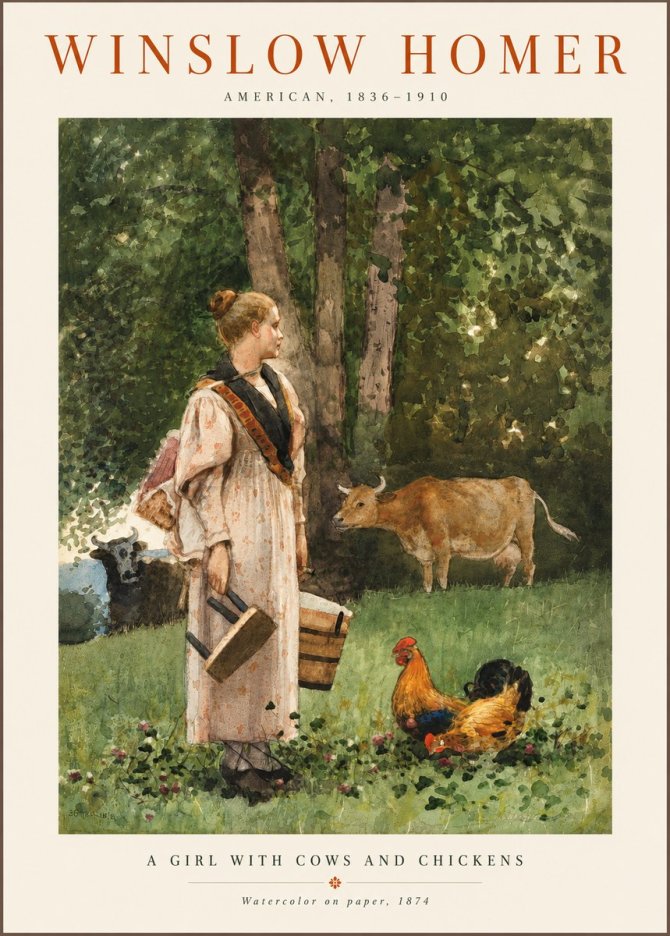 Winslow Homer A Girl with Cows and Chickens No6 - Plakat