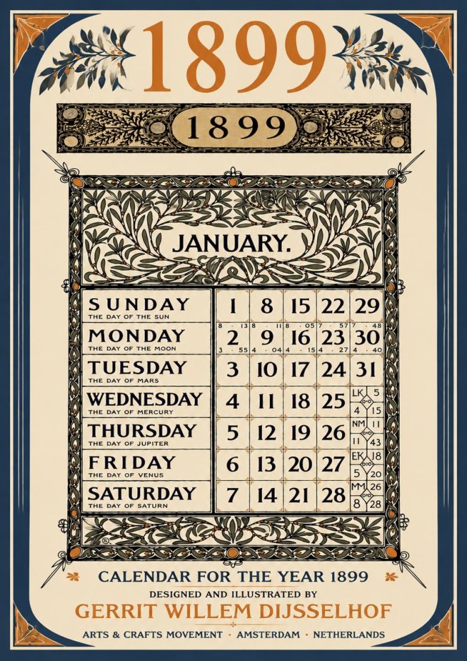 Gerrit Willem Dijsselhof January. Calendar for 1899. No6 - Plakat