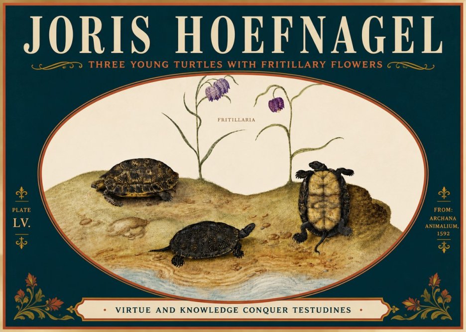 Joris Hoefnagel Three Young Turtles with Fritillary Flowers No6 - Plakat