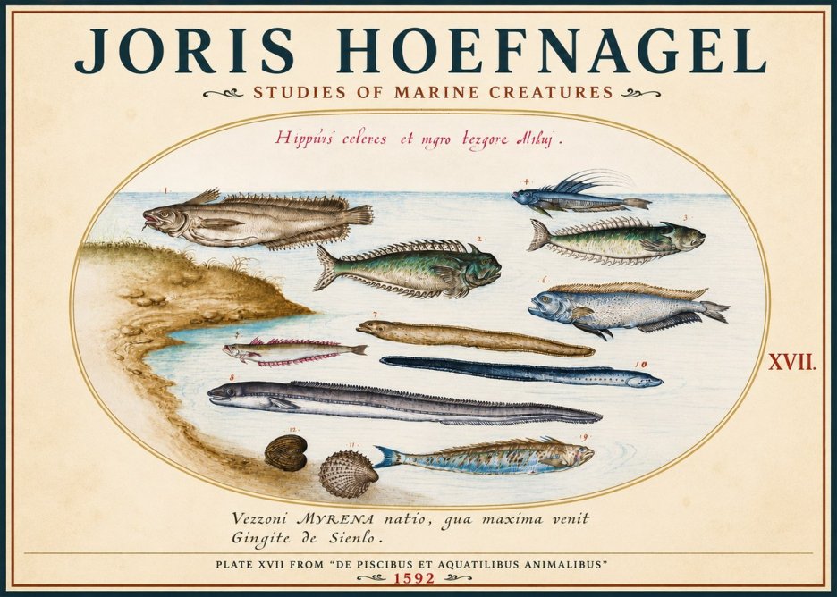 Joris Hoefnagel Plate Xvii from "De Piscibus Et Aquatilibus Animalibus" No3 - Plakat