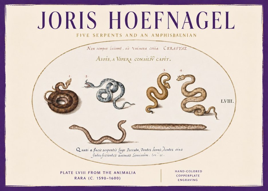 Joris Hoefnagel Five Serpents and an Amphisbaenian No3 - Plakat