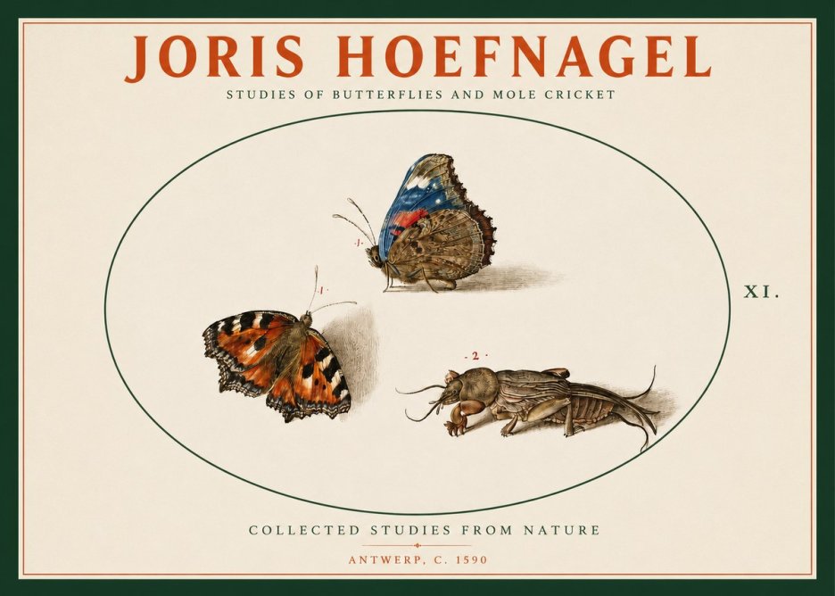 Joris Hoefnagel Studies of Butterflies and Mole Cricket No2 - Plakat