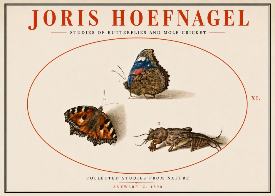 Joris Hoefnagel Studies of Butterflies and Mole Cricket No5 - Plakat