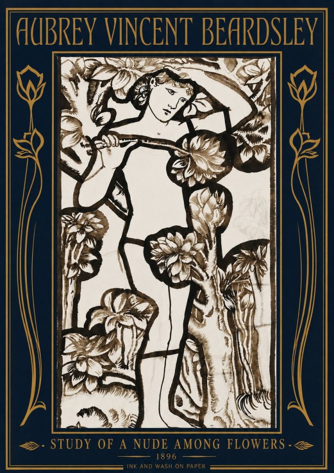 Aubrey Beardsley Study of a Nude Among Flowers No4 - Plakat