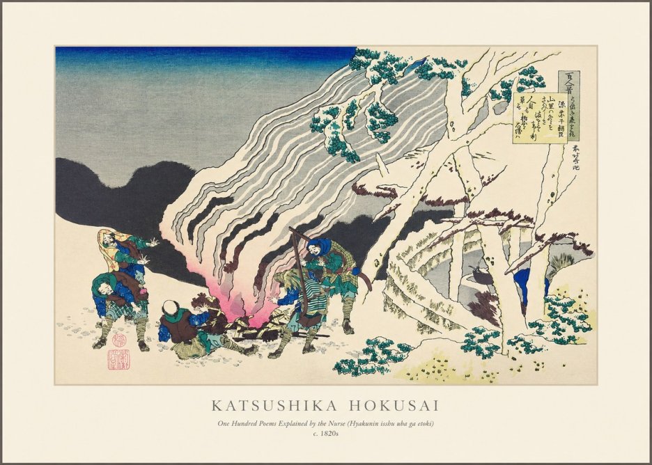 Katsushika Hokusai One Hundred Poems Explained by the Nurse (Hyakunin Isshu Uba Ga Etoki) No1 - Plakat