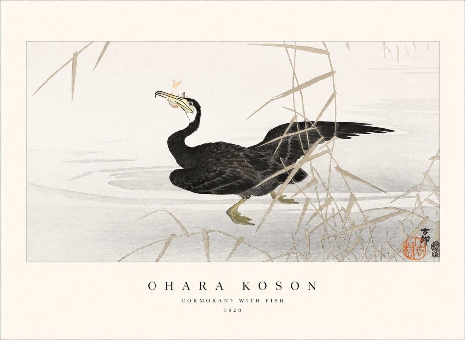 Ohara Koson Cormorant with Fish No1 - Plakat