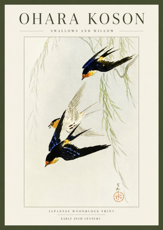 Ohara Koson Swallows and Willow I No3 - Plakat