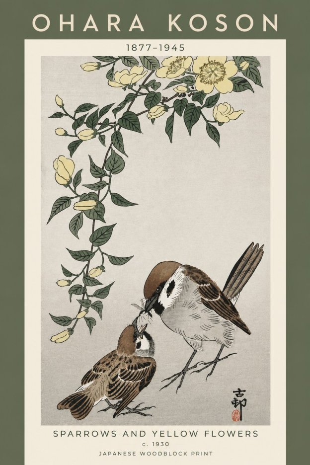 Ohara Koson Sparrows and Yellow Flowers No5 - Plakat