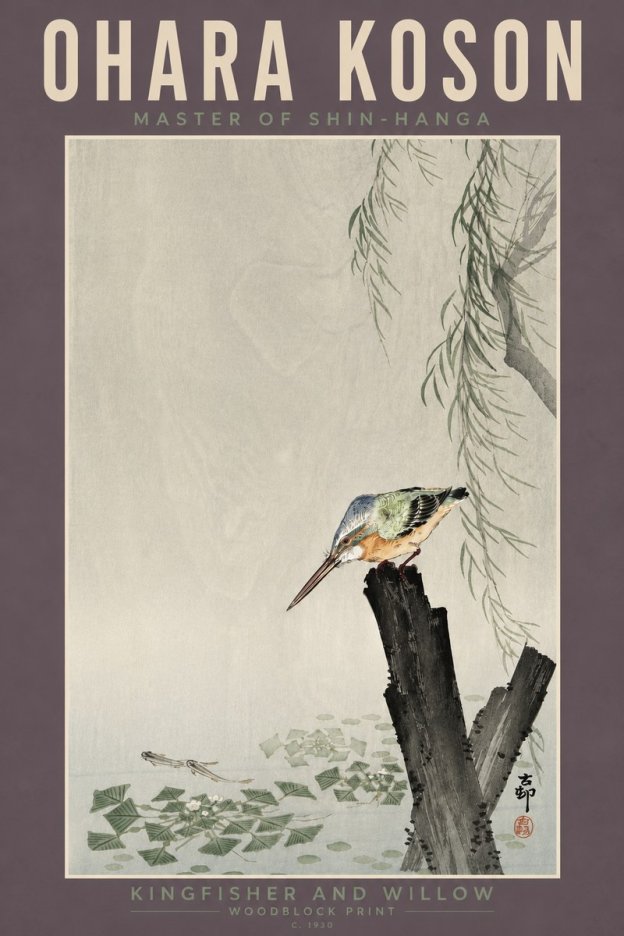 Ohara Koson Kingfisher and Willow No4 - Plakat