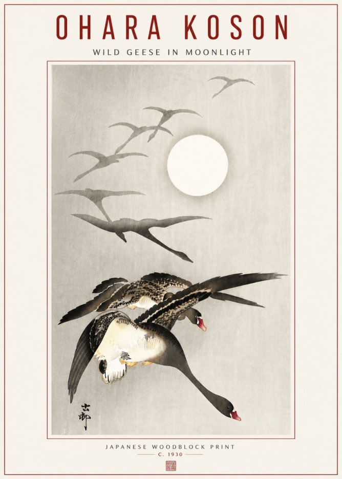 Ohara Koson Wild Geese in Moonlight I No5 - Plakat