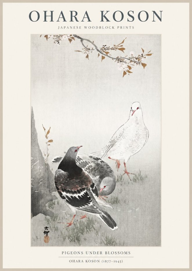 Ohara Koson Pigeons Under Blossoms No1 - Plakat