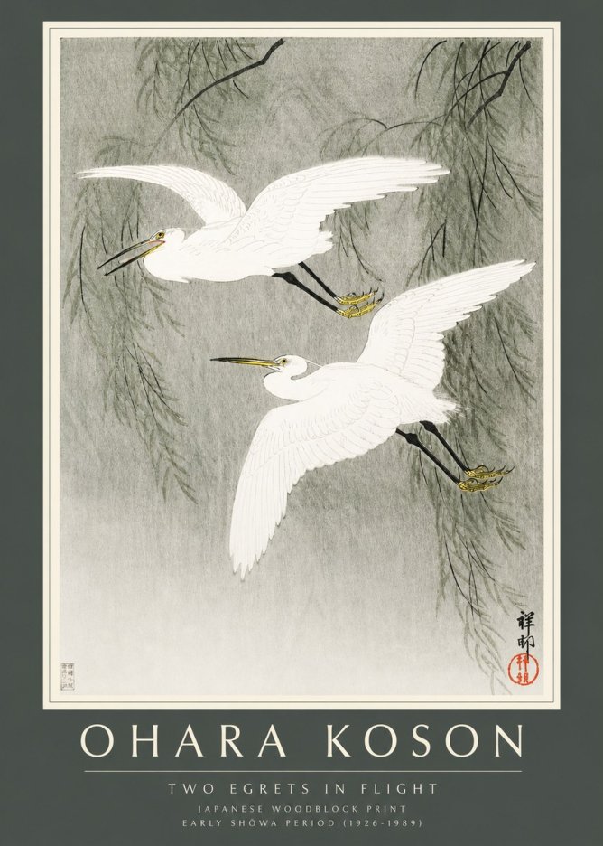 Ohara Koson Two Egrets in Flight No2 - Plakat