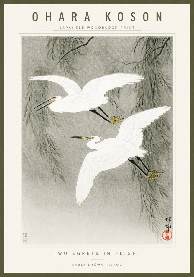 Ohara Koson Two Egrets in Flight No3 - Plakat