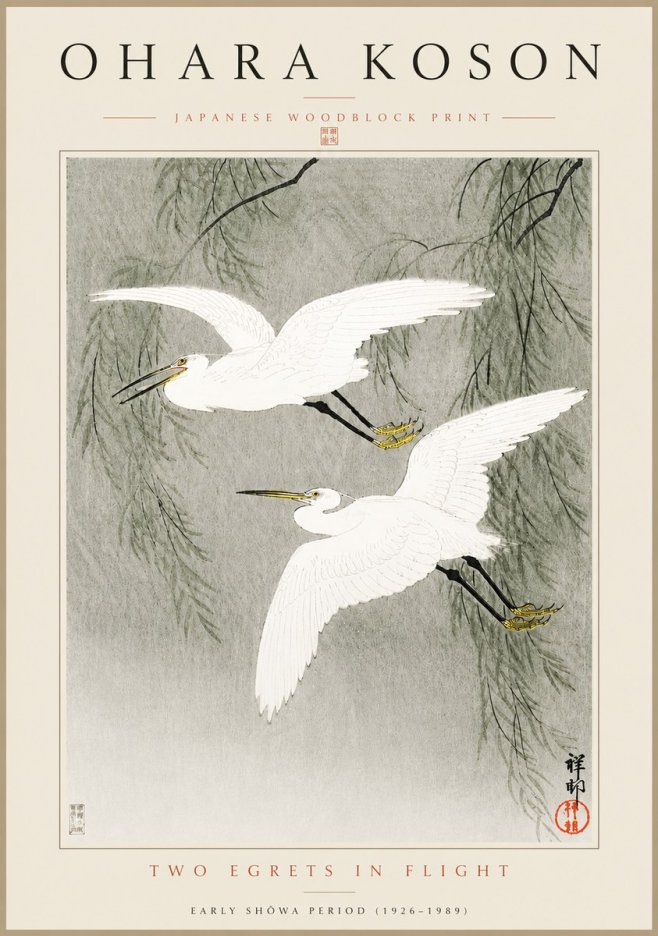 Ohara Koson Two Egrets in Flight No5 - Plakat