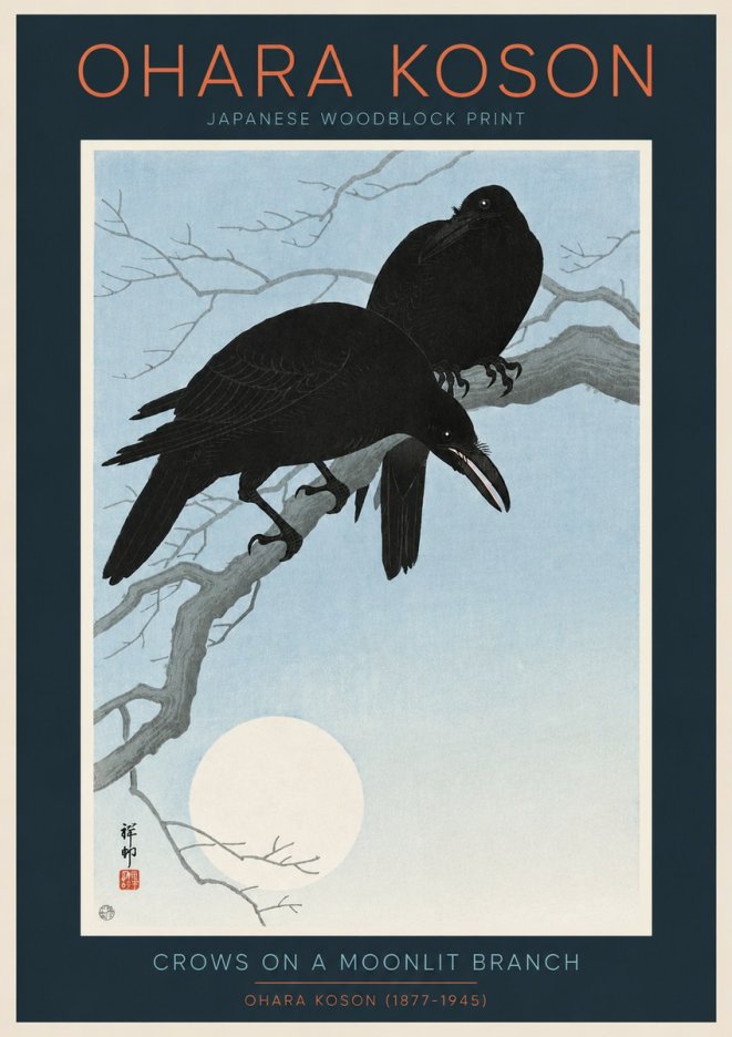 Ohara Koson Crows on a Moonlit Branch No2 - Plakat