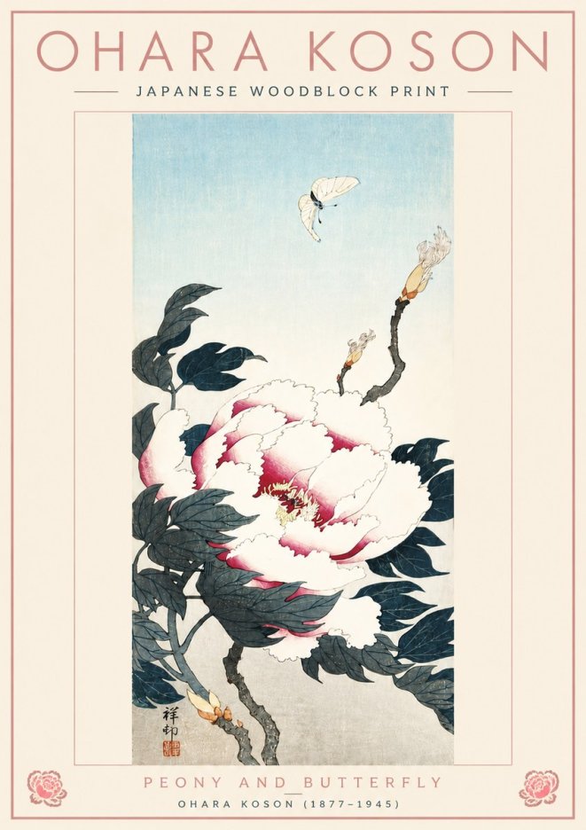 Ohara Koson Peony and Butterfly No4 - Plakat