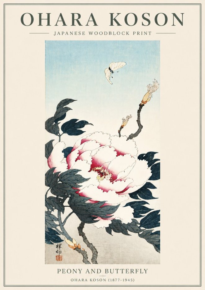 Ohara Koson Peony and Butterfly No5 - Plakat