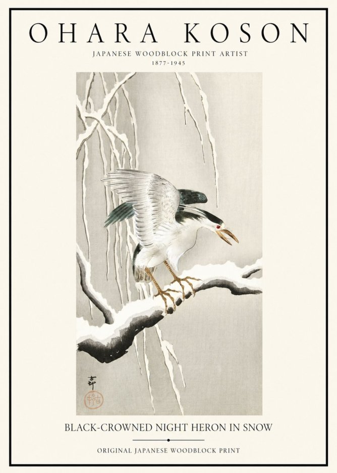 Ohara Koson Black-crowned Night Heron in Snow No1 - Plakat
