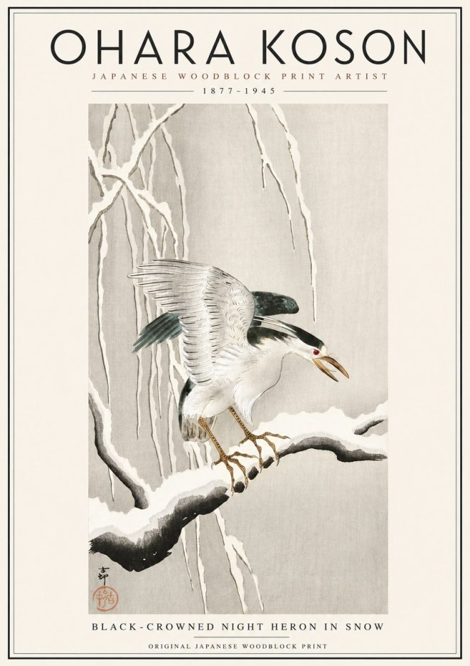 Ohara Koson Black-crowned Night Heron in Snow No3 - Plakat