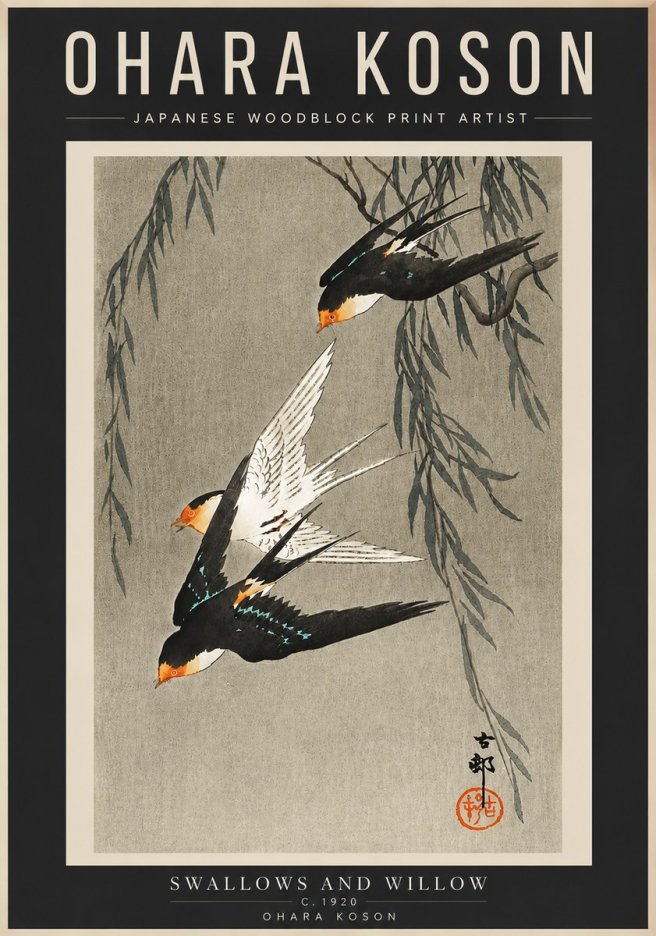 Ohara Koson Swallows and Willow II No4 - Plakat