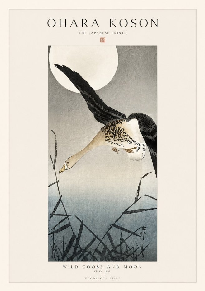 Ohara Koson Wild Goose and Moon No1 - Plakat