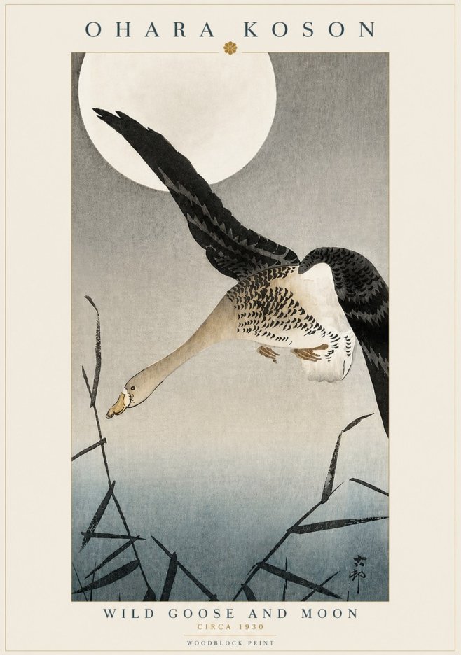 Ohara Koson Wild Goose and Moon No3 - Plakat