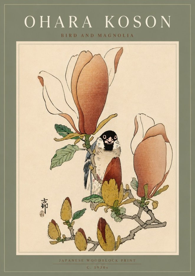 Ohara Koson Bird and Magnolia No5 - Plakat