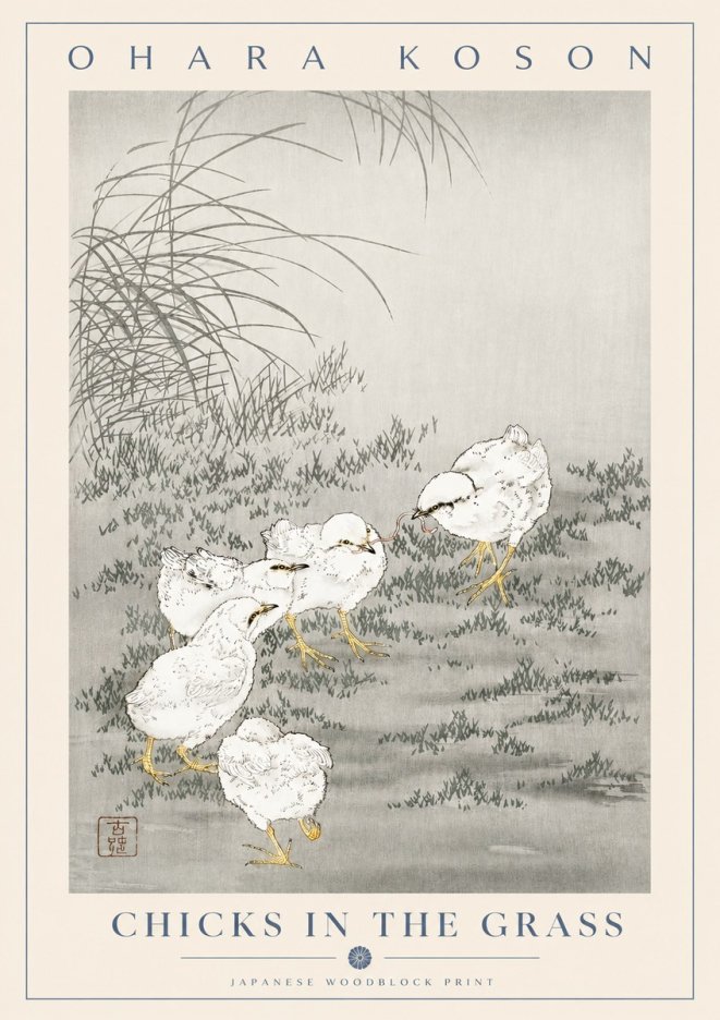 Ohara Koson Chicks in the Grass No2 - Plakat