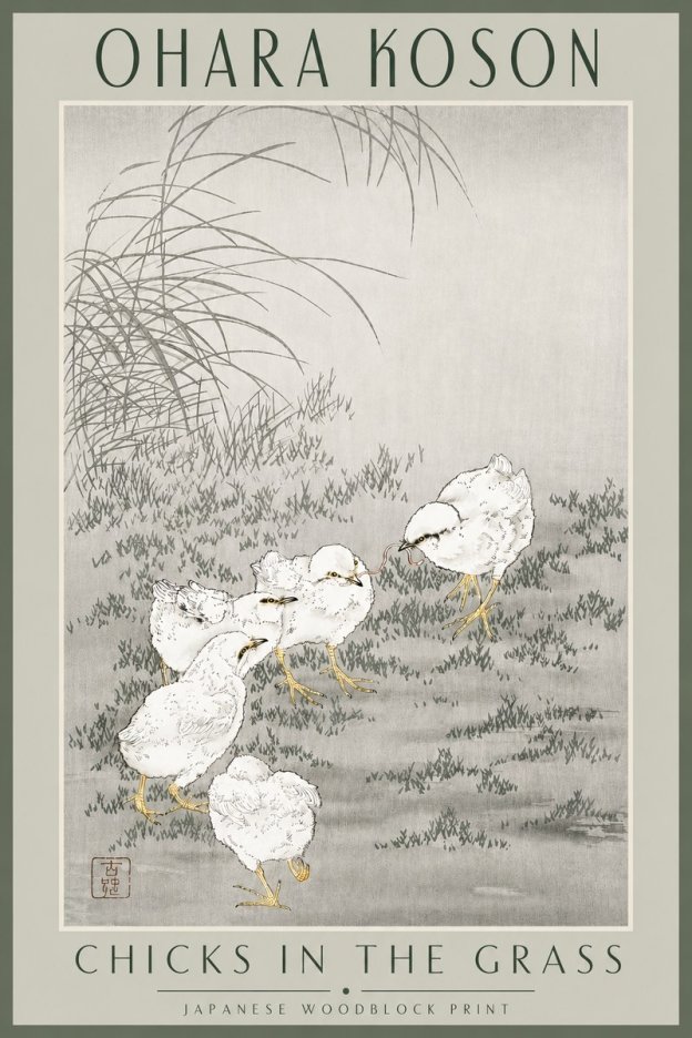 Ohara Koson Chicks in the Grass No3 - Plakat