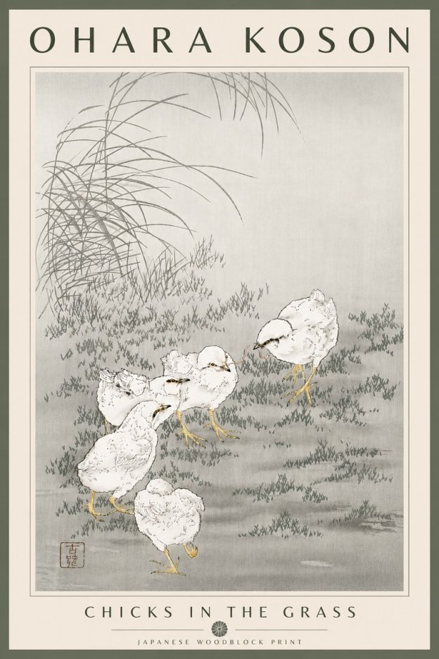 Ohara Koson Chicks in the Grass No6 - Plakat